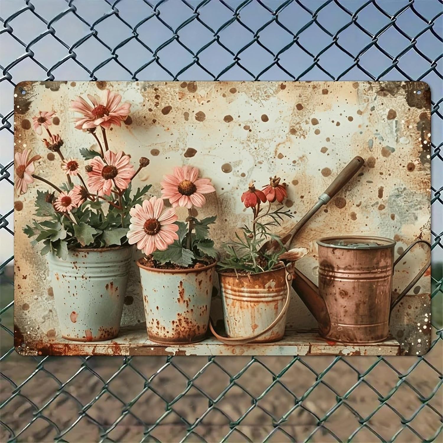 Roestige emmers met roze bloem - Watering Can recensie en prijs